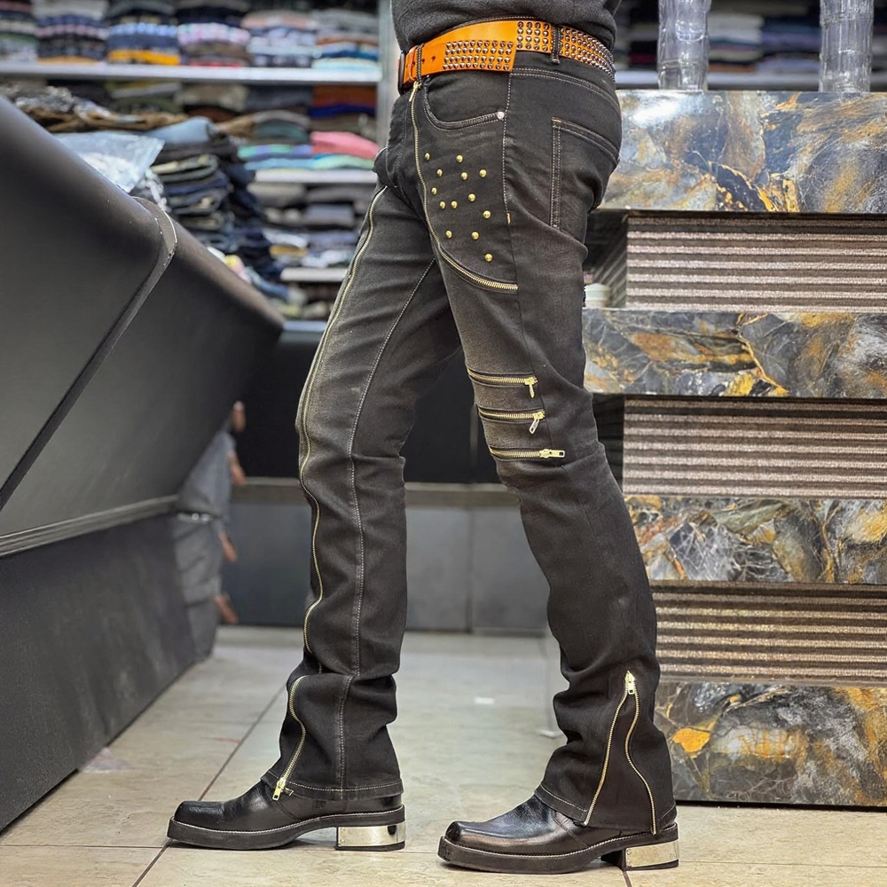 Gold zipper punk style jeans