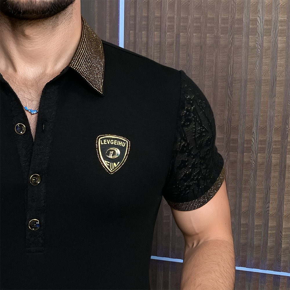 Lace Cotton Sleeve Rhinestone Edge Polo