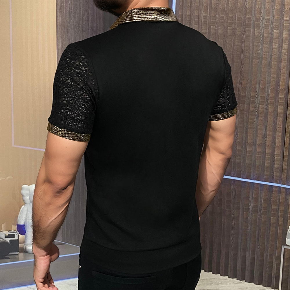 Lace Cotton Sleeve Rhinestone Edge Polo