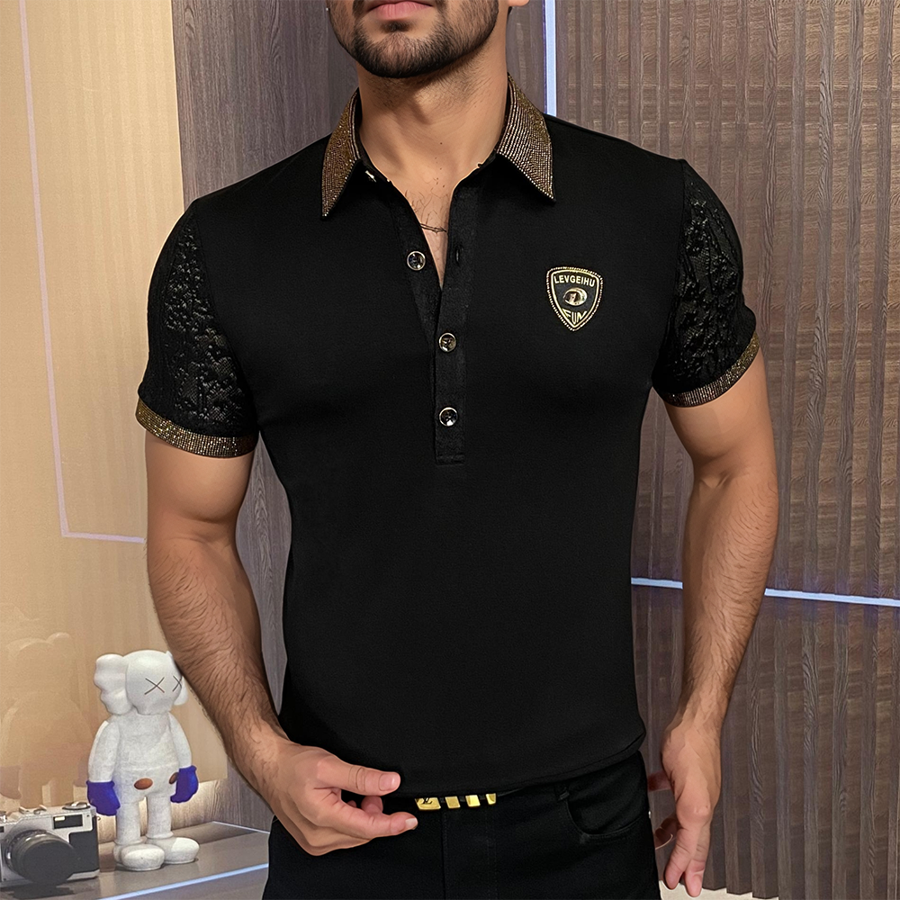 Lace Cotton Sleeve Rhinestone Edge Polo