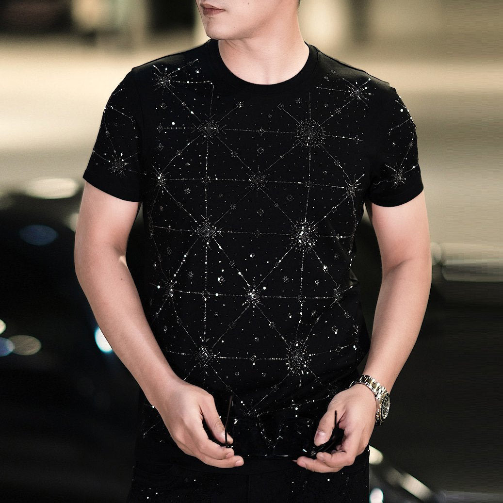 Long-horizontal plaid hot-drilled cotton T-shirt