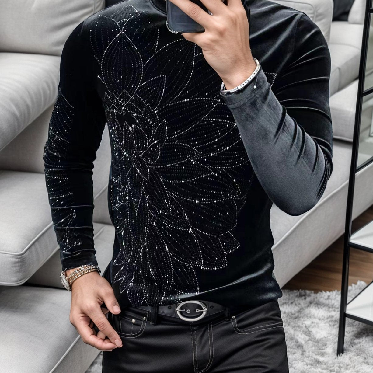 Sparkling Rhinestone Lotus Long Sleeve Top