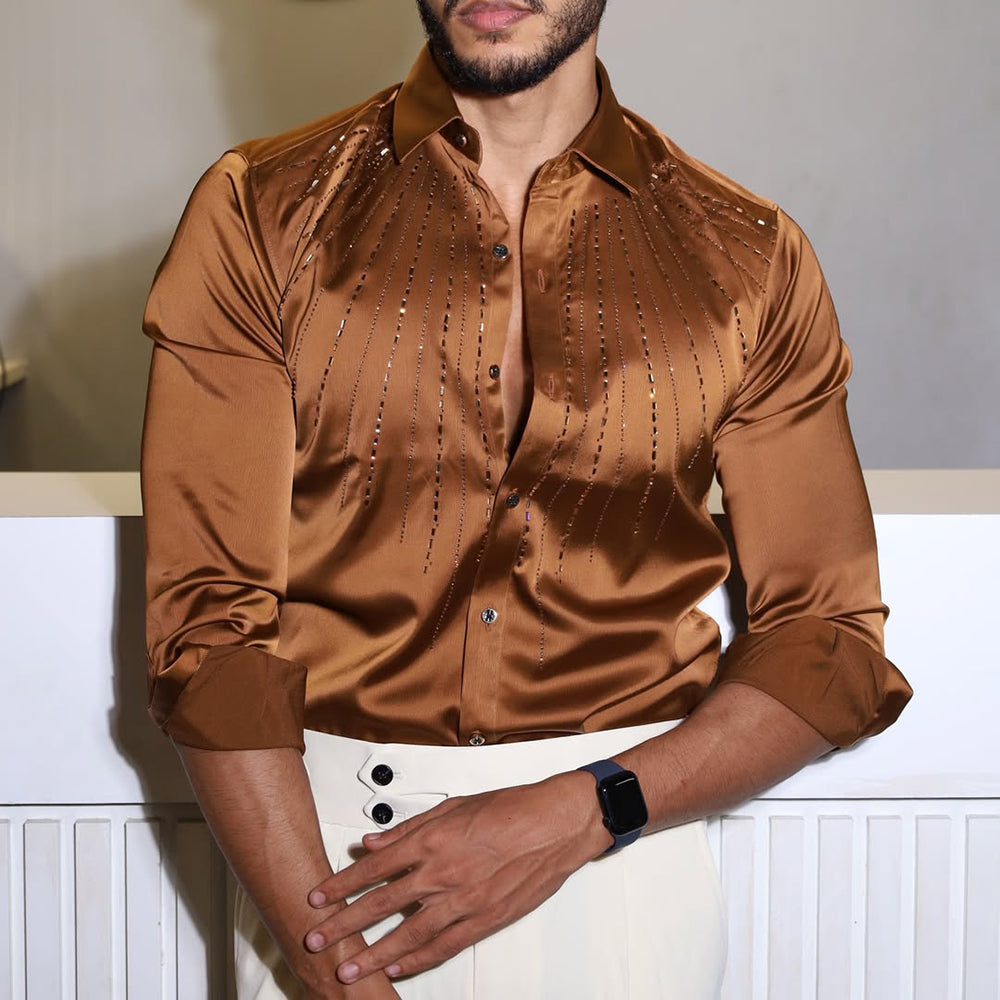 Sparkling Crystal Rhinestone Silky Satin Shirt