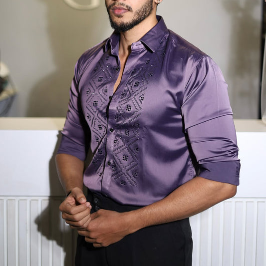 Vintage Rhinestone Check Silky Satin Shirt