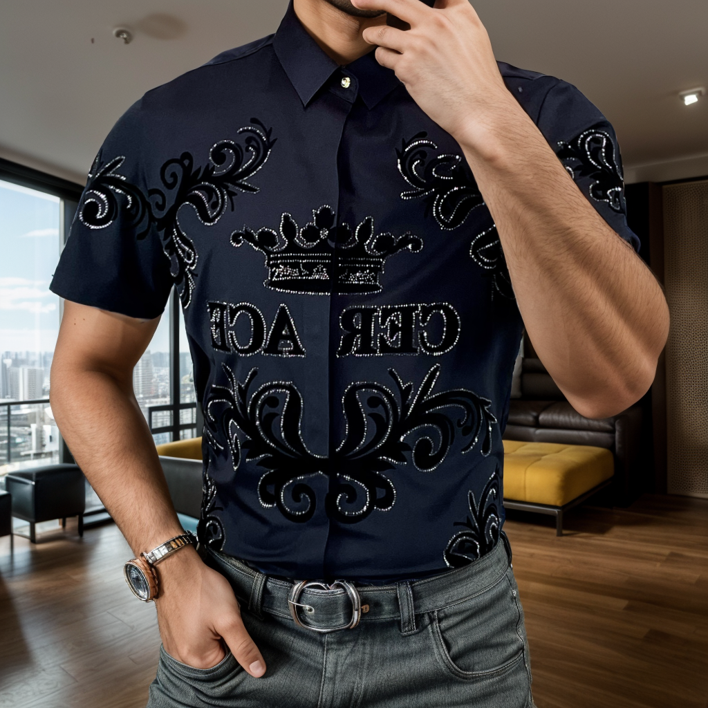 Ironed Rhinestone Court Print Slim Fit Shirt