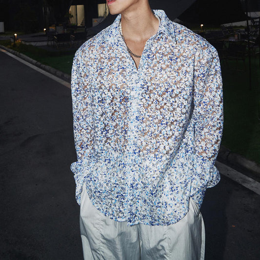 Fresh Blue Floral Cutout Vacation Shirt