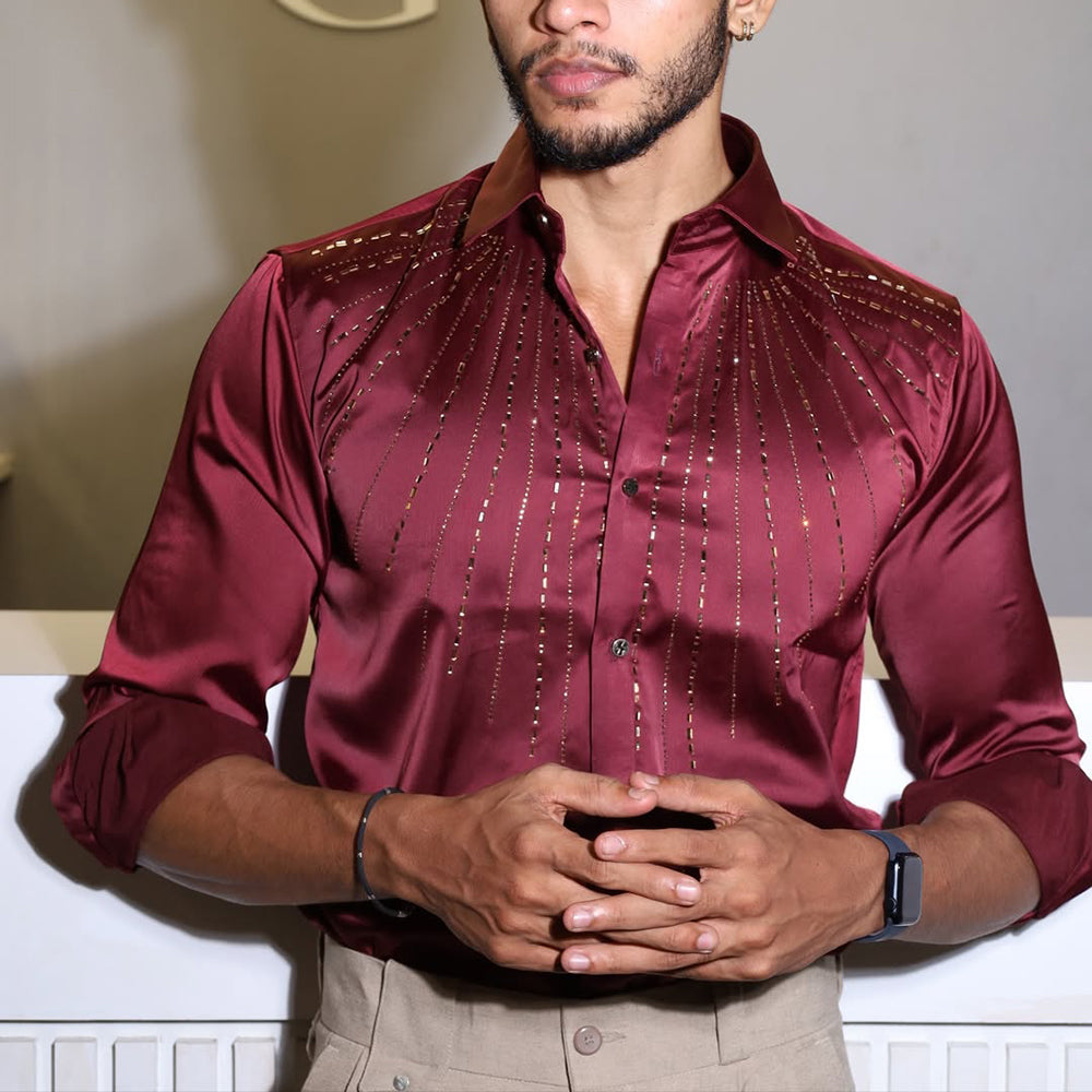 Sparkling Crystal Rhinestone Silky Satin Shirt