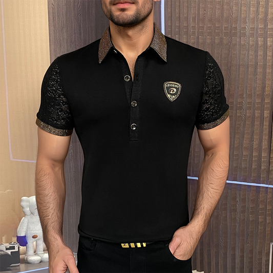 Lace Cotton Sleeve Rhinestone Edge Polo