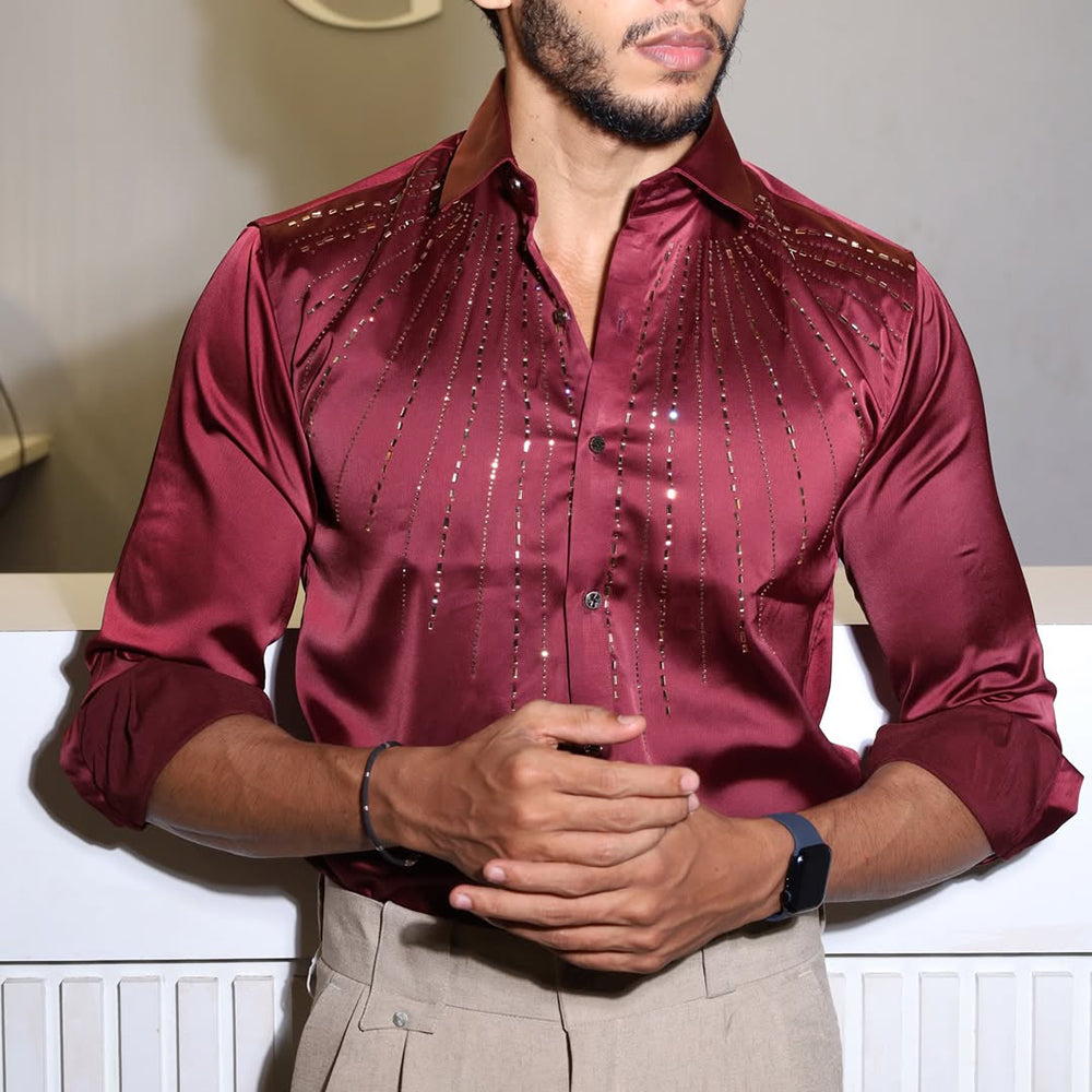 Sparkling Crystal Rhinestone Silky Satin Shirt
