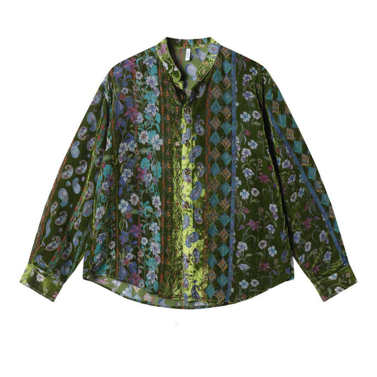 Emerald-green gorgeous floral velvet semi-sheer shirt
