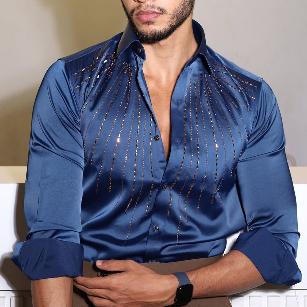 Sparkling Crystal Rhinestone Silky Satin Shirt