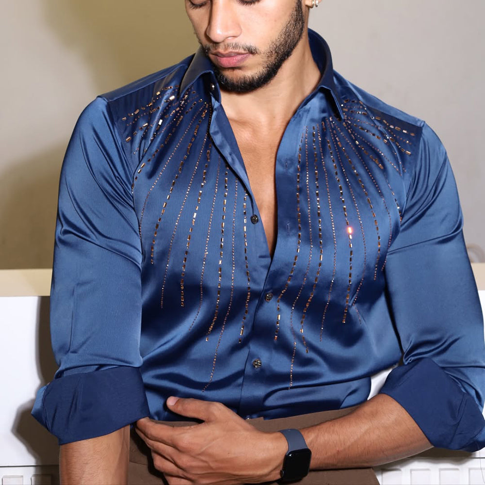 Sparkling Crystal Rhinestone Silky Satin Shirt