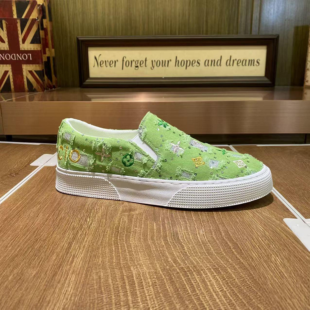 Embroidered sequined distressed canvas casual shoes