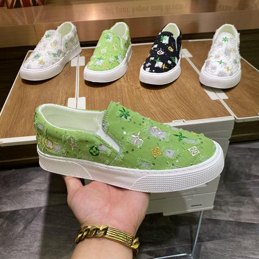 Embroidered sequined distressed canvas casual shoes