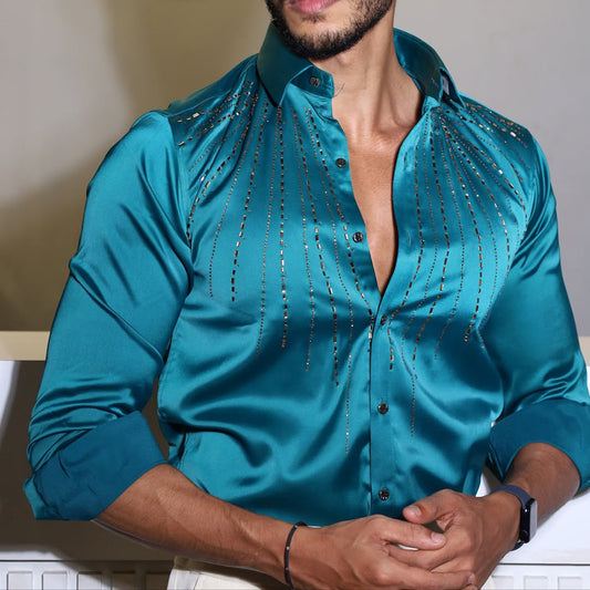 Sparkling Crystal Rhinestone Silky Satin Shirt