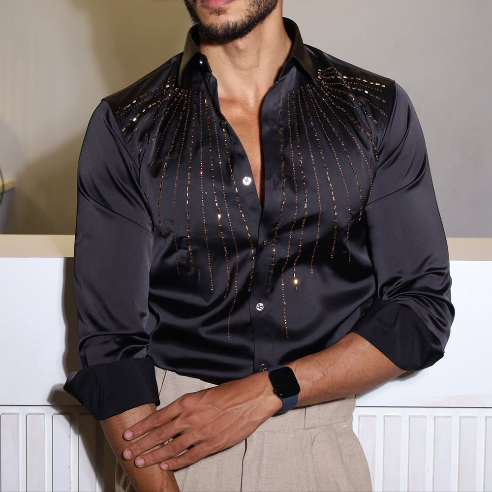 Sparkling Crystal Rhinestone Silky Satin Shirt