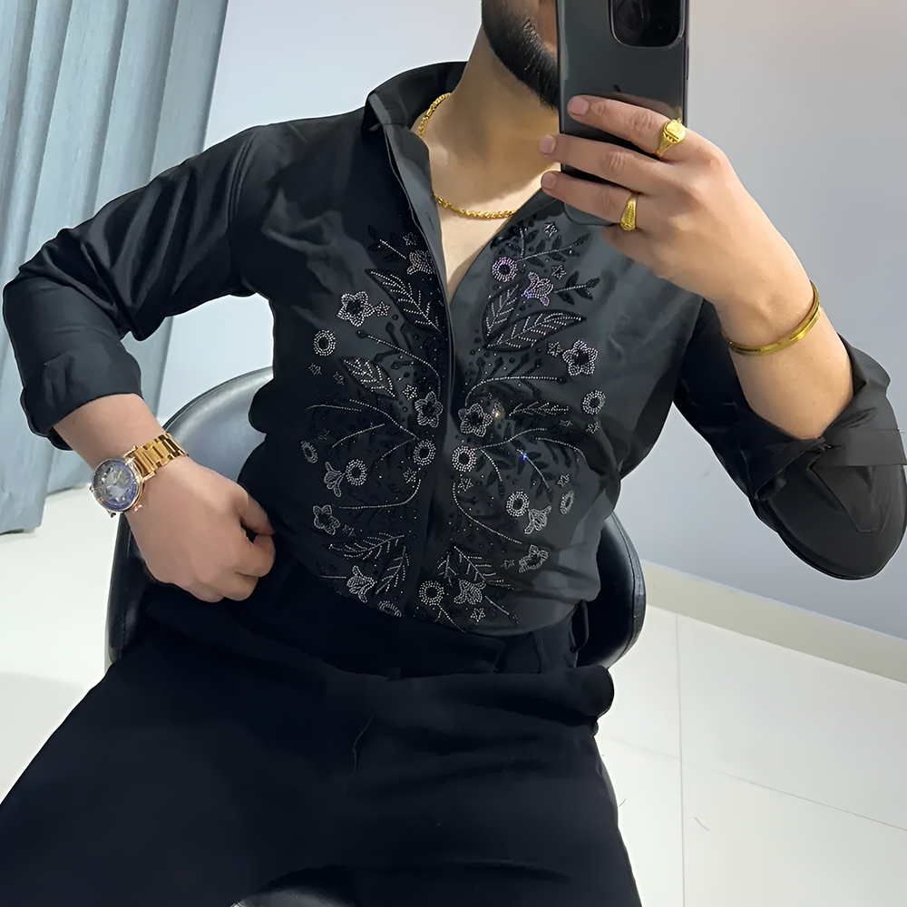 Rhinestones glamorous floral shirt