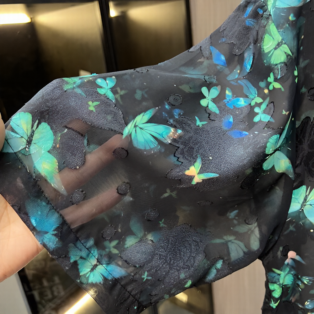 Green butterfly semi-transparent short-sleeved shirt