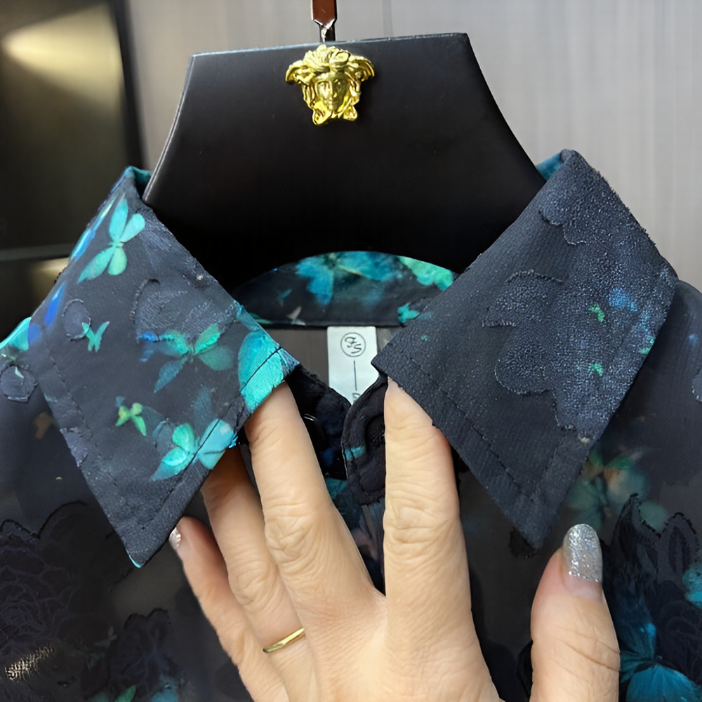 Green butterfly semi-transparent short-sleeved shirt