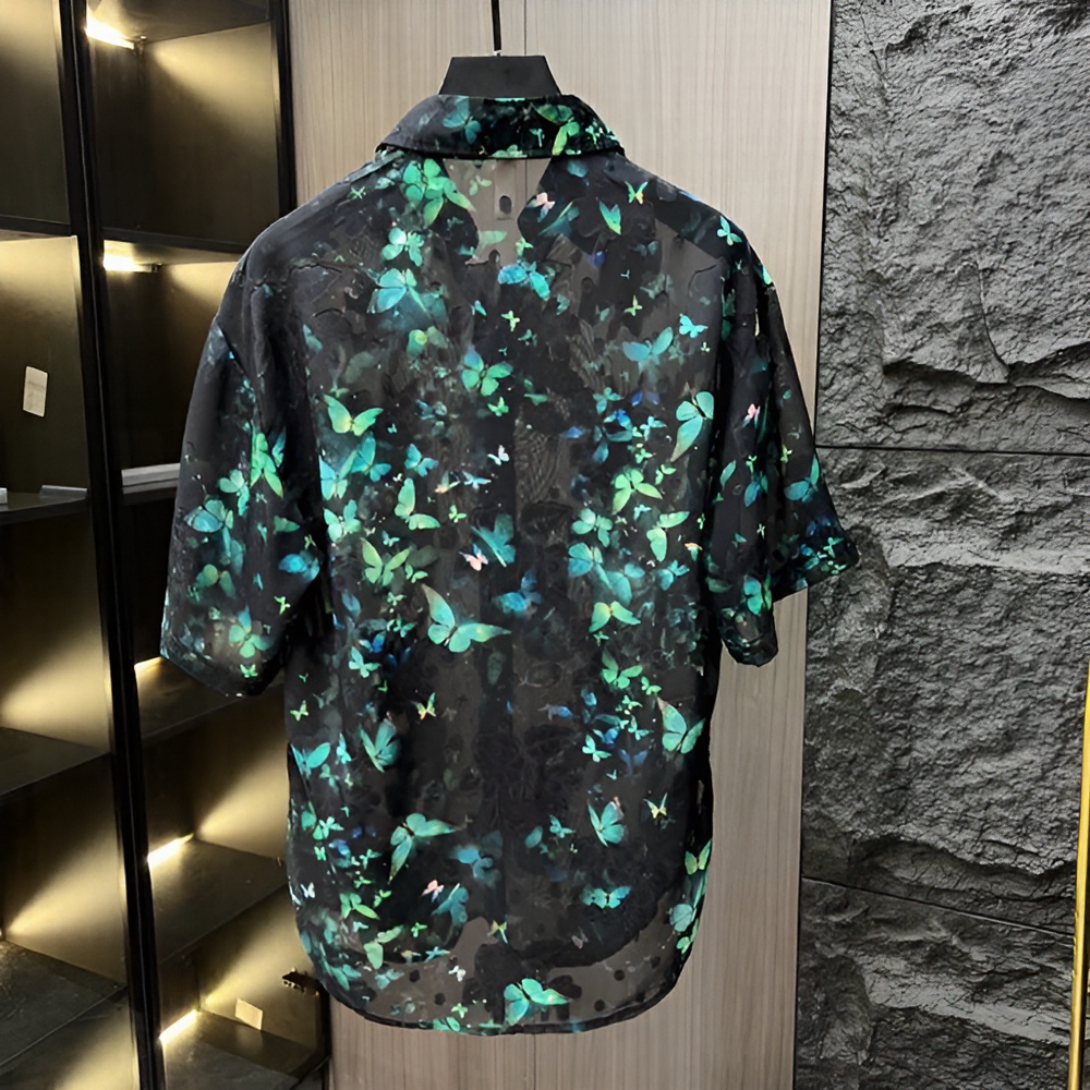 Green butterfly semi-transparent short-sleeved shirt