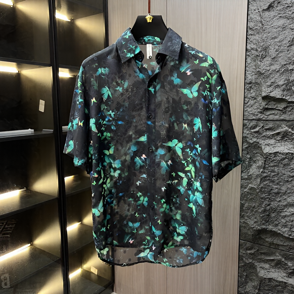 Green butterfly semi-transparent short-sleeved shirt