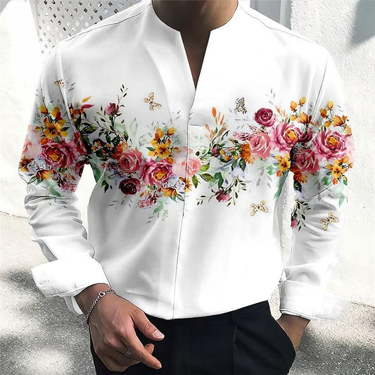 Oil painting floral collarless shirt