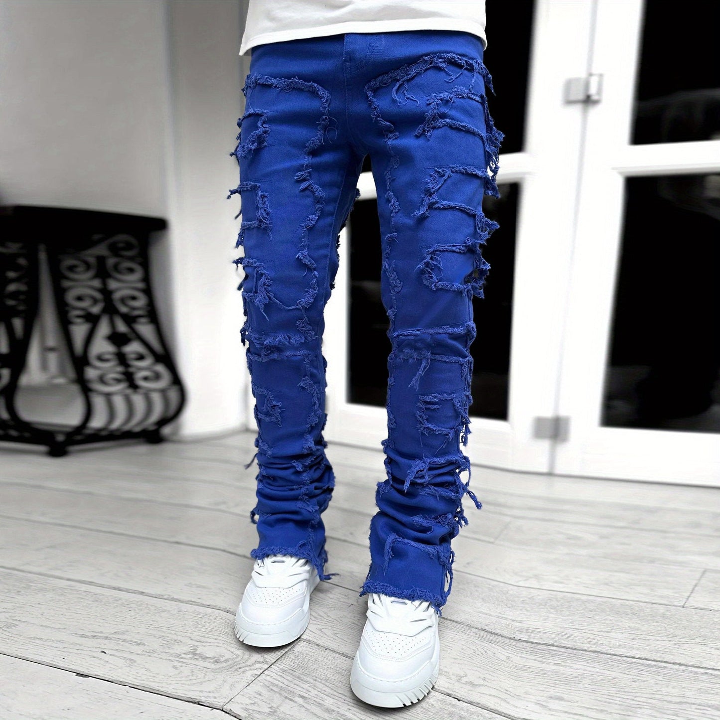 Distressed style stretch straight-leg jeans