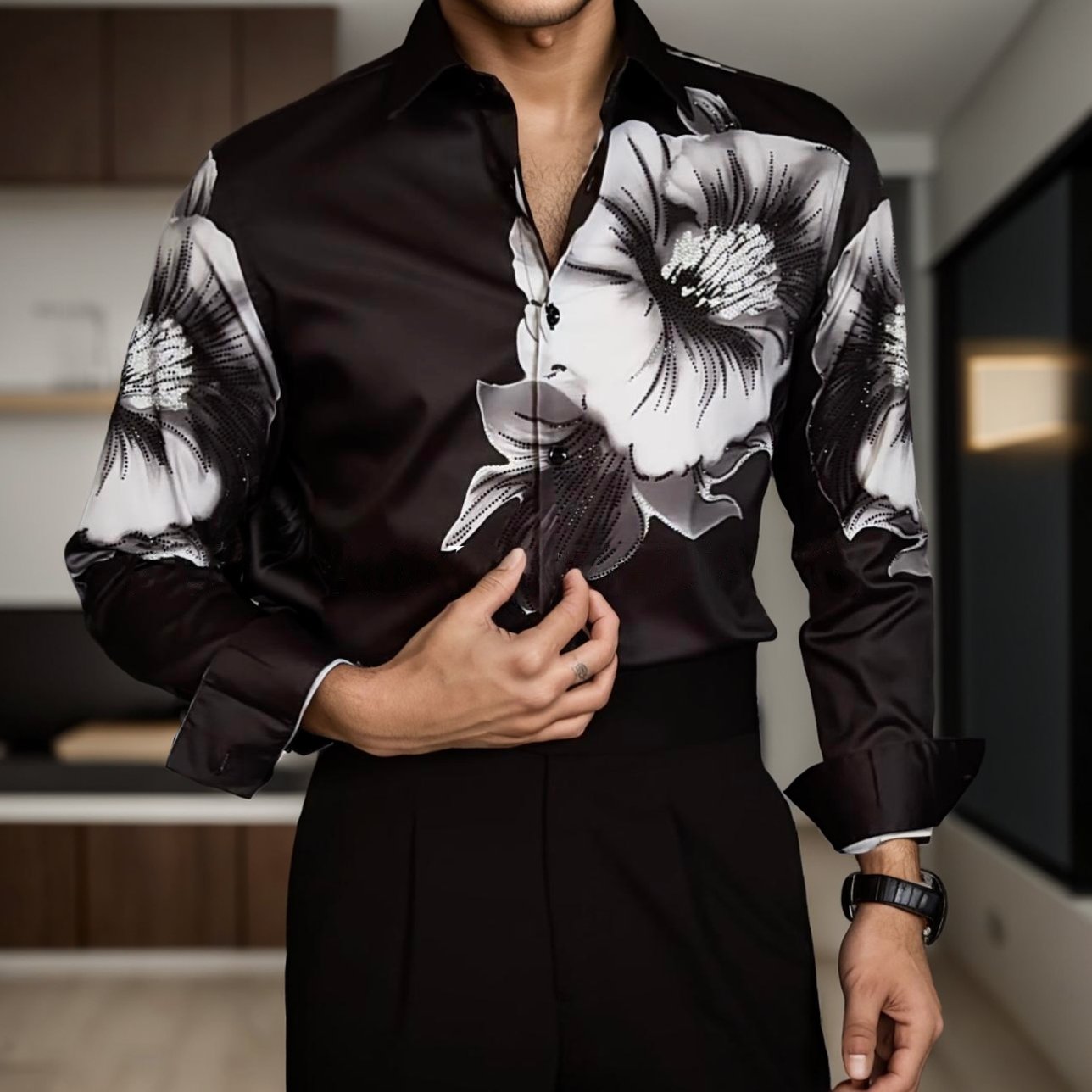 Black and white floral rhinestone shirt