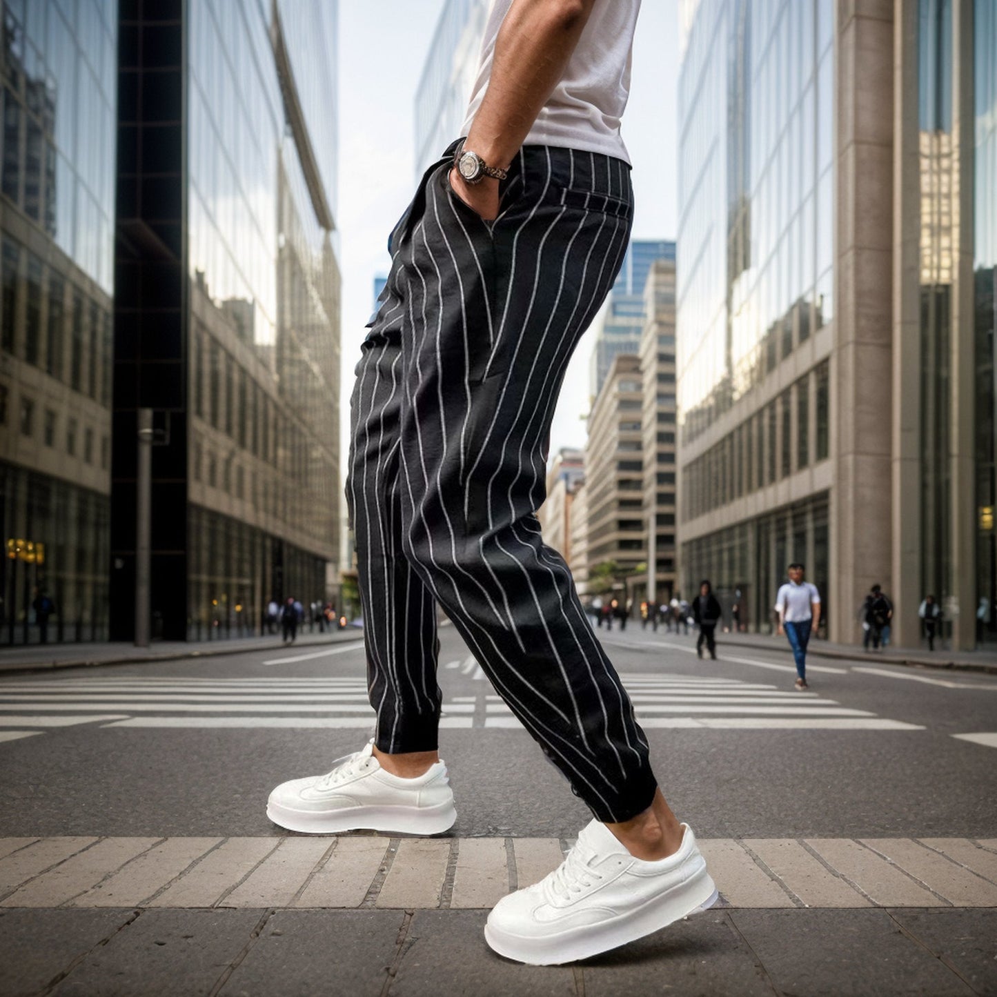 Striped slim-fit casual trousers