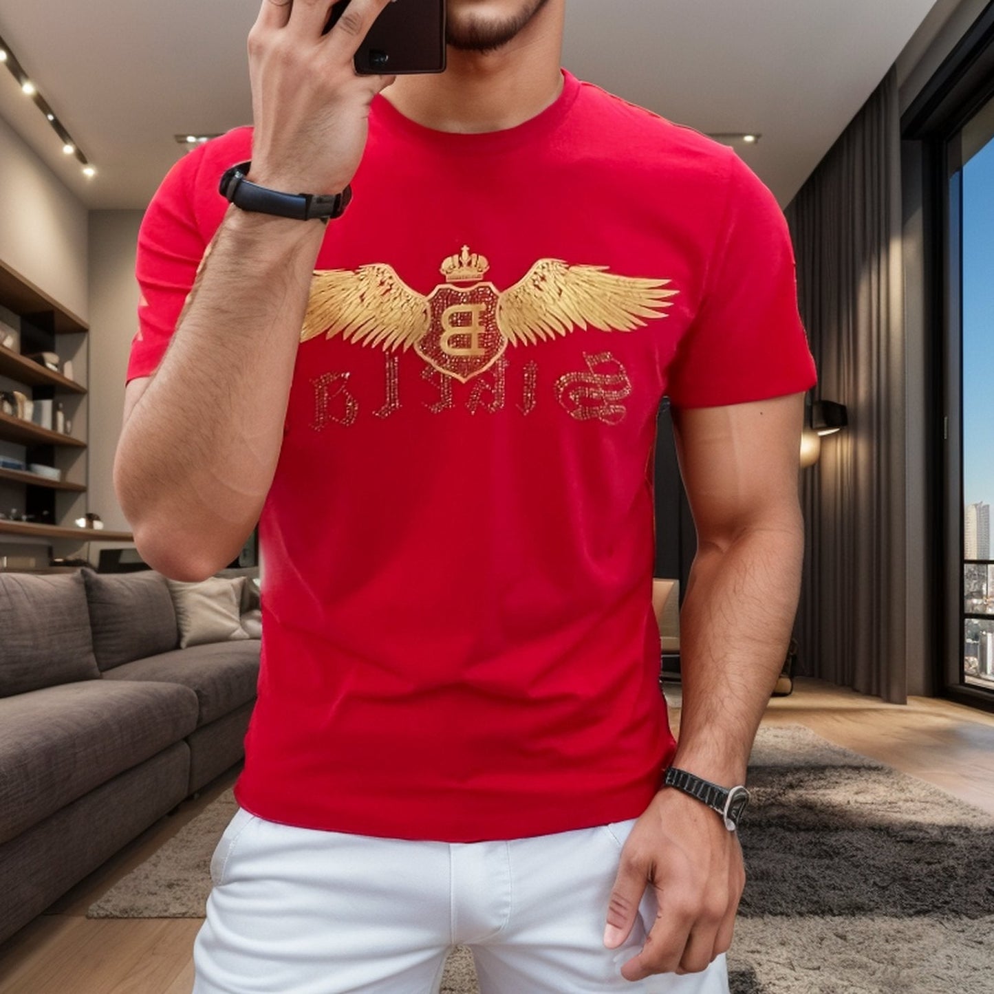 Gold Painted Wings Rhinestone T-Shirt