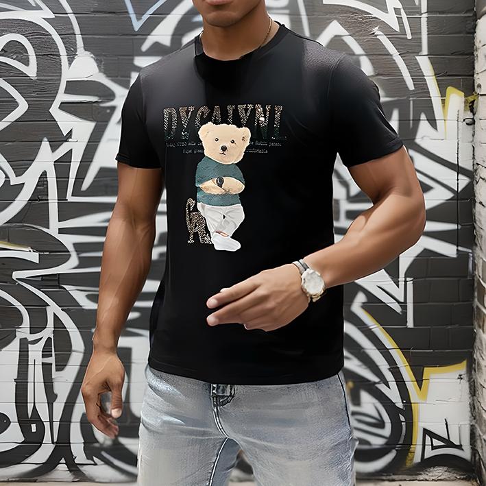 Bear print ironed diamond slim fit T-shirt