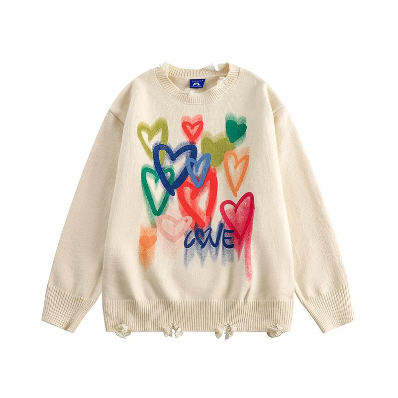 Heart printed broken knitted sweater