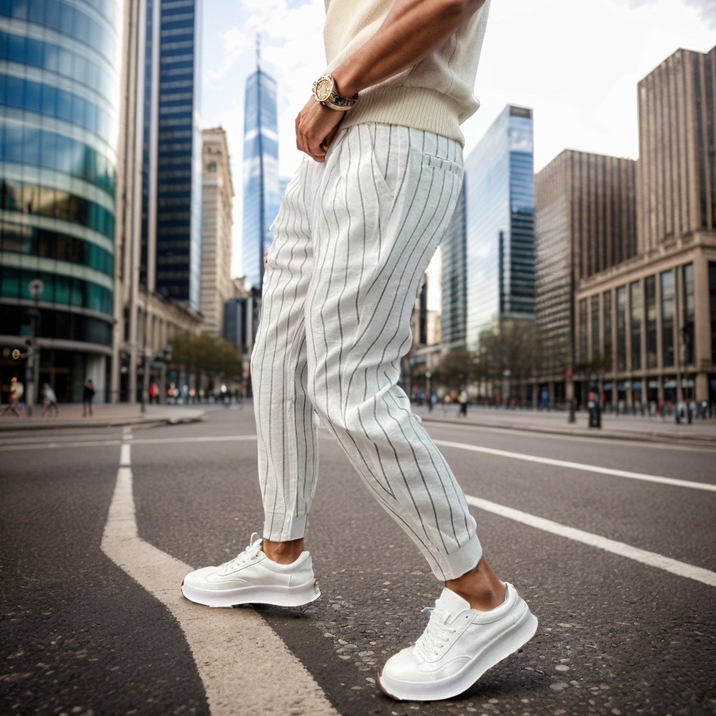 Striped slim-fit casual trousers