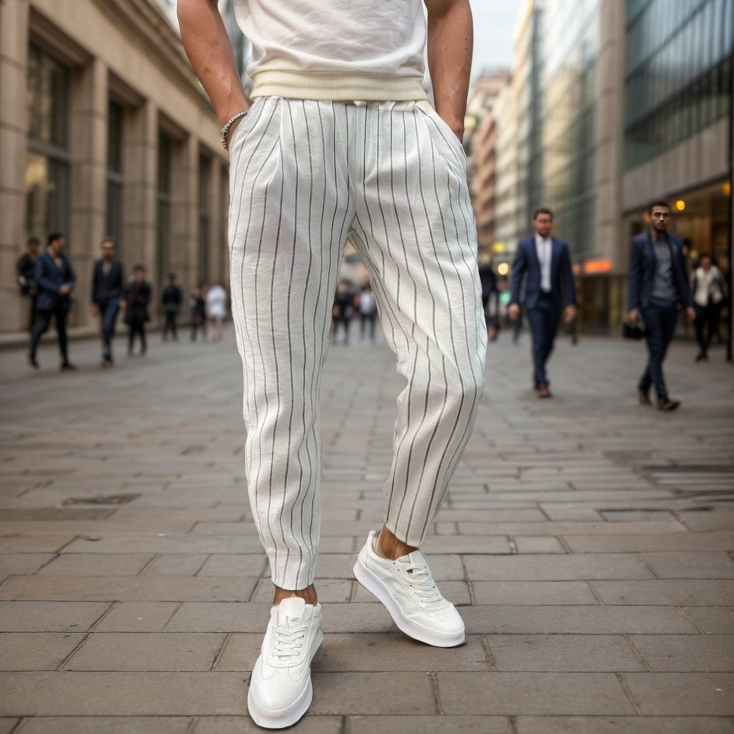 Striped slim-fit casual trousers