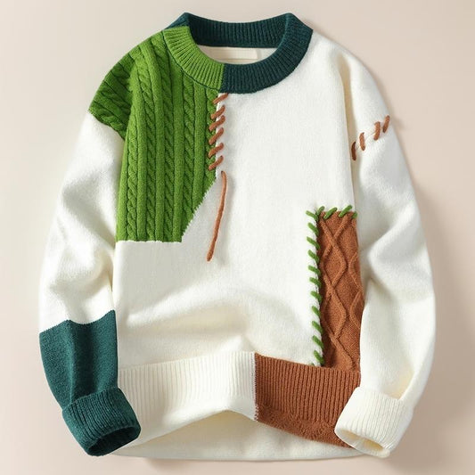 Contrast color texture patchwork sweater