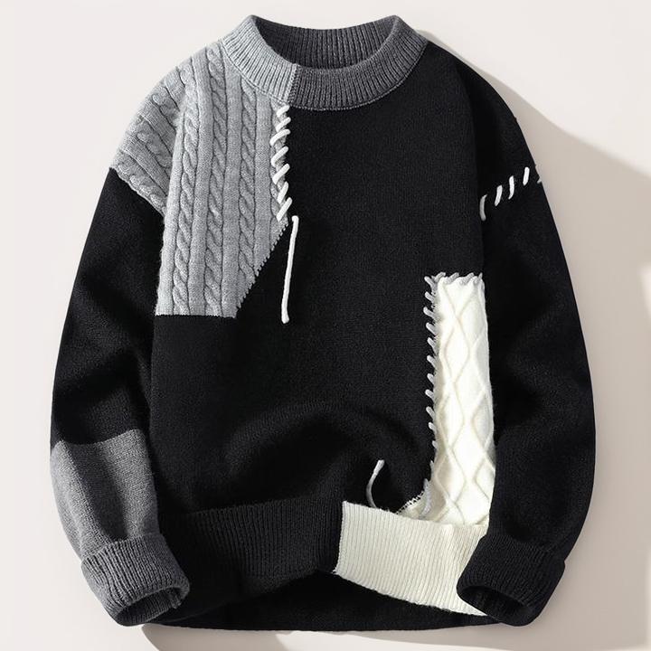 Contrast color texture patchwork sweater