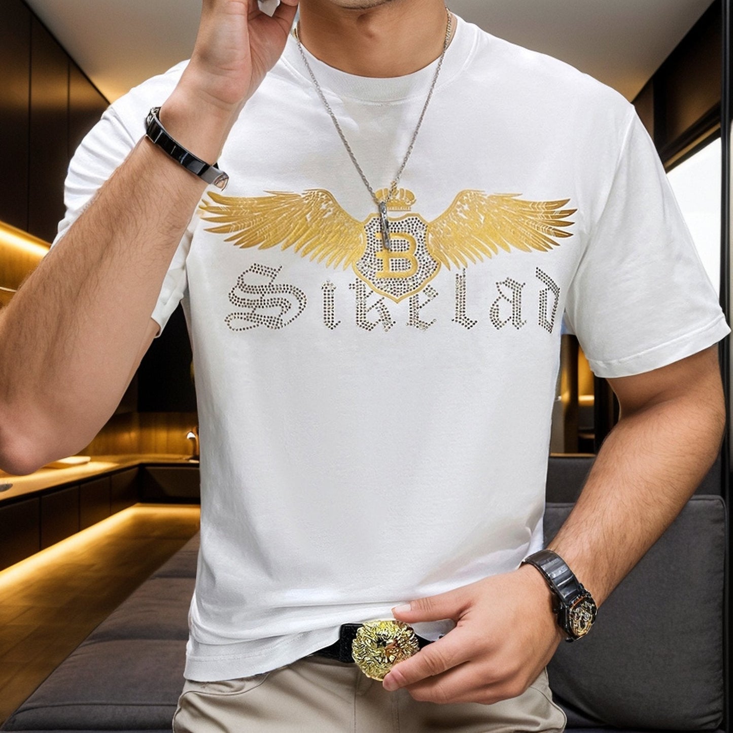 Gold Painted Wings Rhinestone T-Shirt