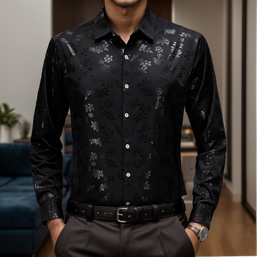 Reflective Leaves Texture Slim Fit Shirt