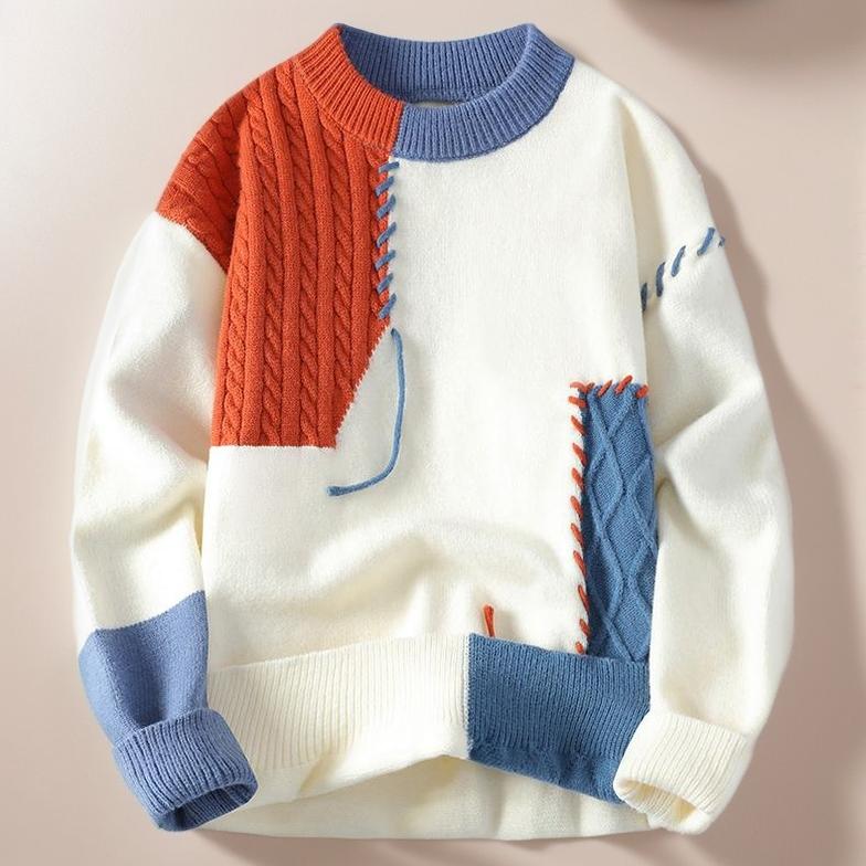 Contrast color texture patchwork sweater