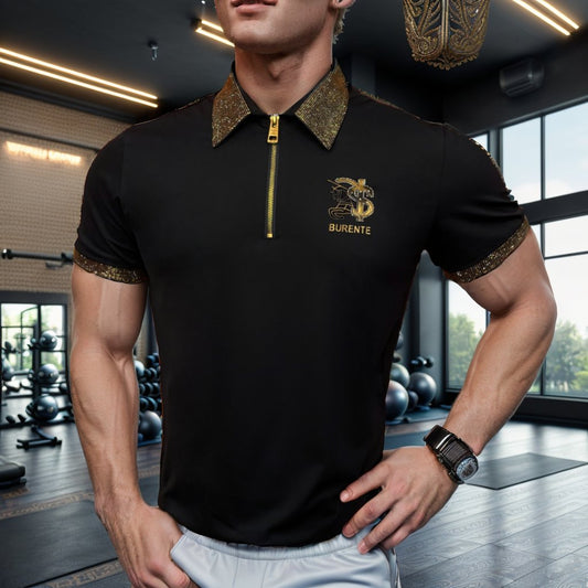 Gold rhinestone lapel zip-up polo shirt