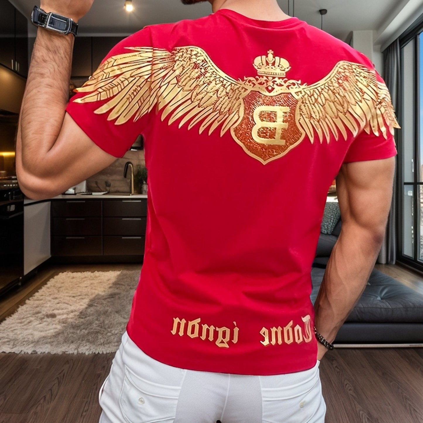 Gold Painted Wings Rhinestone T-Shirt