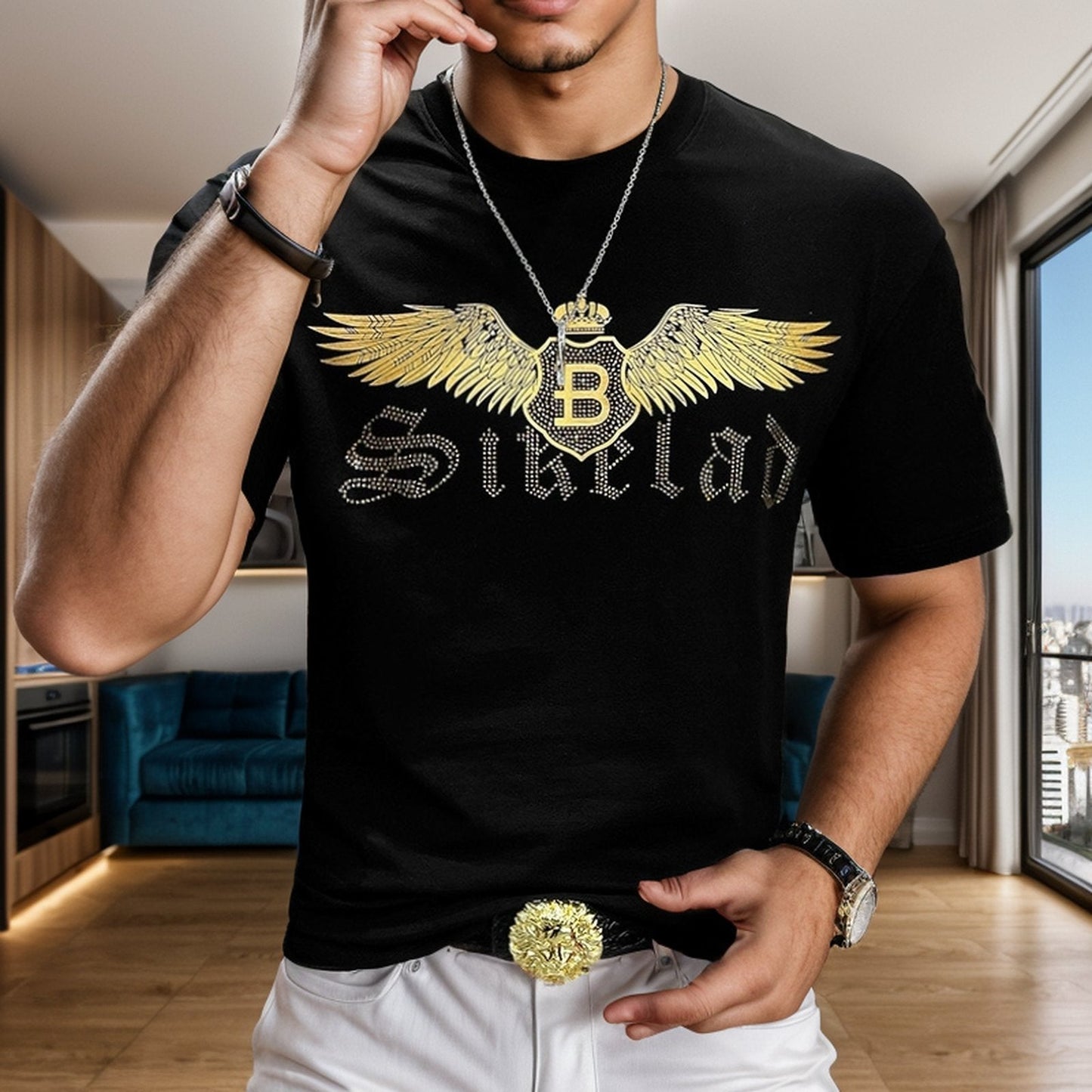 Gold Painted Wings Rhinestone T-Shirt