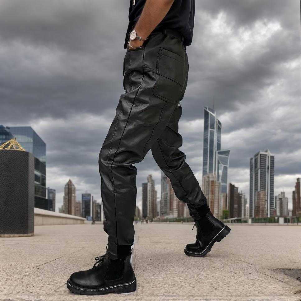 Windproof slim-fit leather pants