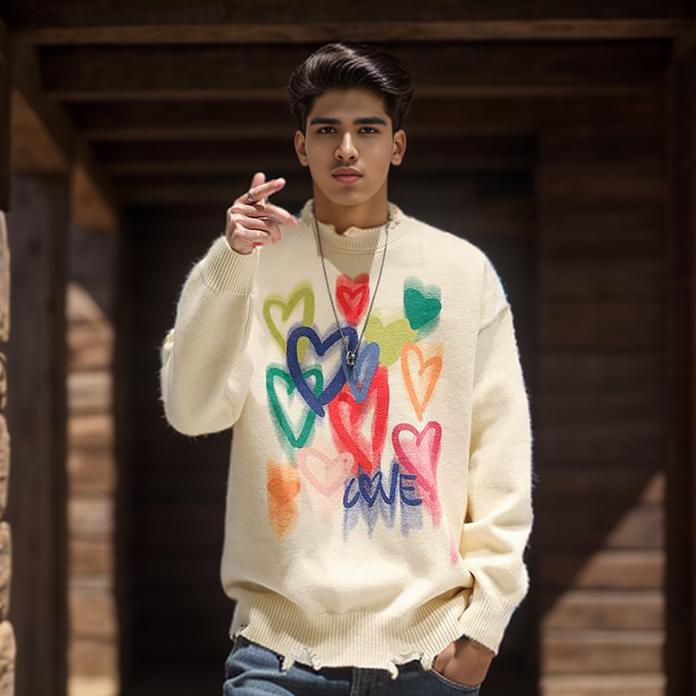 Heart printed broken knitted sweater